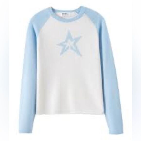 NWT 27 Miles | Kyra Cashmere Star Baseball Sweater Small Light Blue - Picture 1 of 10